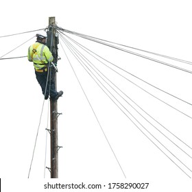 Isolated Lineman (Or Lineworker Or Engineer) Fixing A Telephone Line