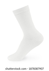 Isolated long white sock on invisible mannequin foot on white background, side view - Shutterstock ID 1878387907