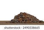 Isolated, low angle view, broken pieces of cement concrete wall which were demolished, excavated, destroyed and left in a pile on the concrete floor waiting to be reused in a landfill.