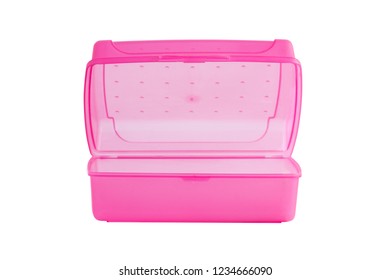 Isolated Lunch Box. An Open, Plastic, Pink Lunch Box.