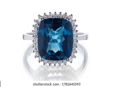 Isolated luxury sapphire jewelry. Blue stone wedding anniversary ring model.