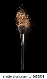 Isolated Make-up Powder With Brush On Black Background