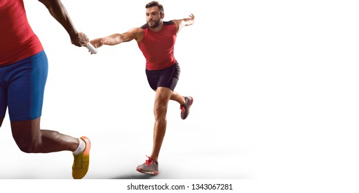 Isolated Male Athletes Sprinting. Runner Passes The Sport Baton On White Background 