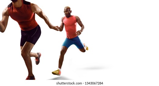 Isolated Male Athletes Sprinting. Runner Passes The Sport Baton On White Background 