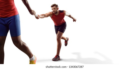 Isolated Male Athletes Sprinting. Runner Passes The Sport Baton On White Background 