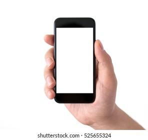 Isolated Male Hand Holding A Black Phone With White Screen