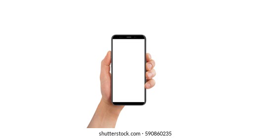 Isolated Male Hand Holding Black Modern Phone, On White Background