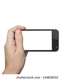 Isolated Male Hand Holding The Phone Similar To Iphone Tablet Touch Computer Gadget.