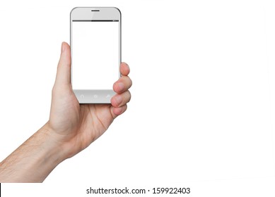 Isolated Male Hand Holding A White Phone Similar To Iphone With Isolated Screen