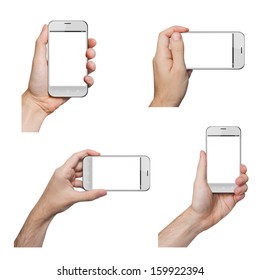 Isolated Male Hands Holding A White Phone Similar To Iphone In Different Ways