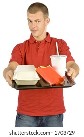 isolated man with fast food tray