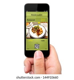 Isolated Man Hand Holding The Phone Touch With A Mobile Wallet And Ticket Discount In Restaurant