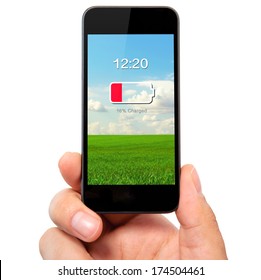 Isolated Man Hand Holding The Phone With Low Battery On A Screen