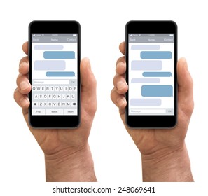 isolated man hand holding the smartphone with sms chat on a screen