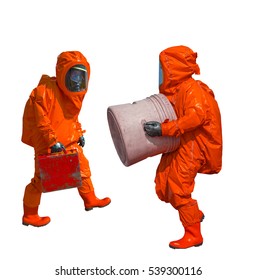 Isolated Man In Orange Protective Hazmat Suit