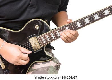 Isolated Man Playing Electric Guitar On White Background