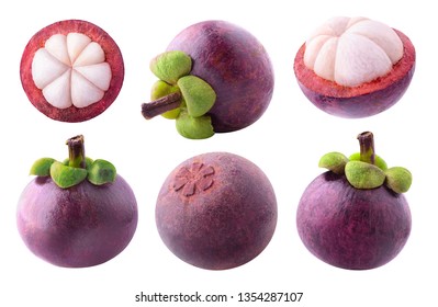 Isolated mangosteens.  Collection of whole and cut mangosteen fruits isolated on white background with clipping path