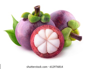 Isolated mangosteens. Two whole fruits and one half isolated on white background with clipping path