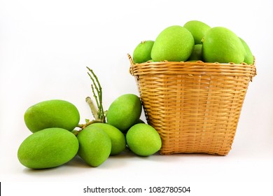 isolated many green mangoes in the basket on white background