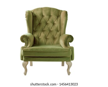Isolated marsh armchair. Vintage armchair. Insulated furniture. Khaki chair. Olive velvet armchair