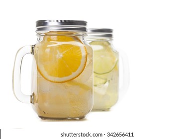 Isolated Mason Jar With Lemonade With Fruit Slices