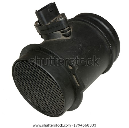 An isolated Mass Air Flow sensor as removed from a car on a white background