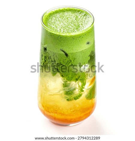 Isolated matcha ice cream float with mango puree ice cubes and creamy green tea foam on white background