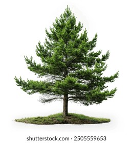 Isolated mature pine tree on a small grassy mound against a white background. Full view of a coniferous evergreen with dense green needles and a robust trunk. Perfect for landscape design, environment - Powered by Shutterstock