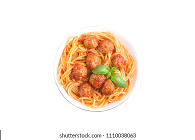 Isolated Meatballs Spaghetti. Top View Of Traditional Dish Spaghetti With Meatballs, Tomato Sauce And Fresh Basil In White Bowl, Isolated On White Background With Clipping Path 
