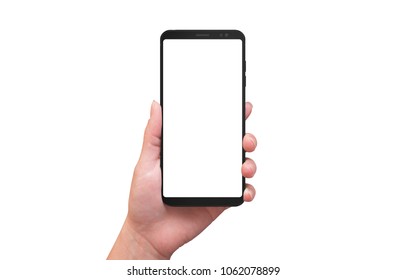 Isolated Modern Smart Phone In Woman Hand. Blank Screen For Mockup, App Or Web Design Presentation.