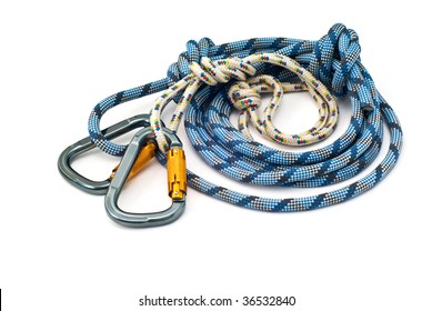 Isolated new climbing equipment - carabiners without scratches and blue rope - Powered by Shutterstock