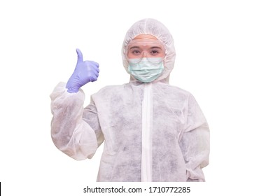 Isolated Nurse Wearing PPE Disposable Coverall With Mask And Googles Smiling Look At Camera On White Background. Pandemic 2019 Coronavirus 2019-nCoV.