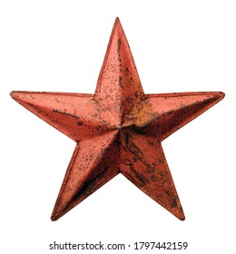 Isolated objects: old metal red star, weathered and rusty, on white background