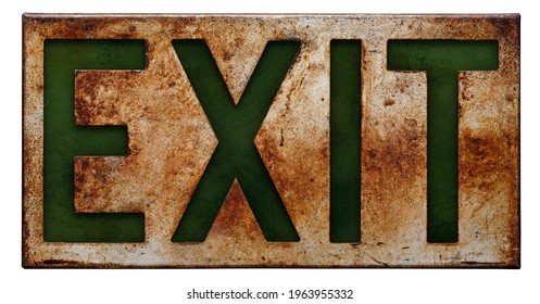 Isolated Objects: Old Rusty Exit Sign, On White Background