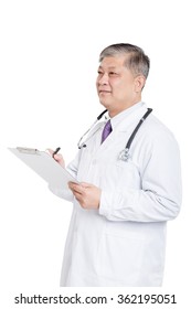 Isolated old Asian man doctor in white uniform writing on board 