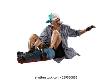 Isolated Old Man Skater On The White Background