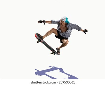 Isolated Old Man Skater On The White Background