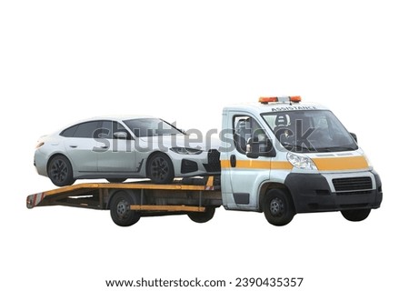 Isolated on a white background flatbed tow truck transporting a damaged car on the highway, after a collision with another vehicle, showing the need for roadside assistance insurance. 