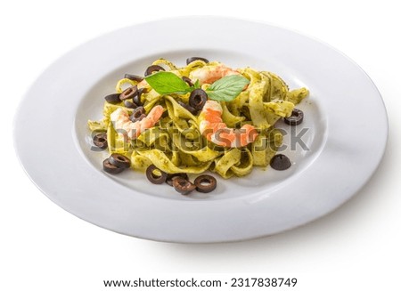 isolated on white background for italian food on wooded table, Petto sauce with shrimp, spaghetti, herb and basil