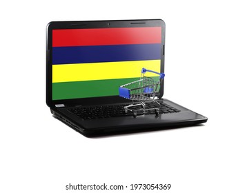 Isolated On White Background Laptop With Mauritius Flag On Display, Online Shopping Sale Concept