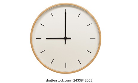 Isolated on white background Minimalist style wooden wall clock, showing time at 9:00. - Powered by Shutterstock