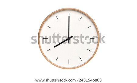 Isolated on white background Minimalist style wooden wall clock, showing time at 8:00.