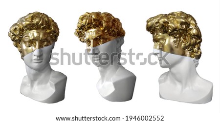 Isolated on white background plaster busts of Apollo in white and gold paint. A guide for historical and artistic creative work