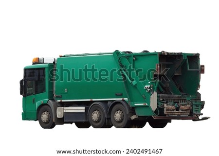 Isolated on a white background recycling truck collects garbage bins on a suburban road. The vehicle provides a valuable service for the environment and city.