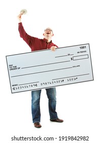 Isolated On White Background Series Of A Caucasian Man With An Oversized Bank Check.