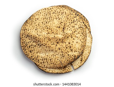 Isolated on white background three round hand made passover matzah