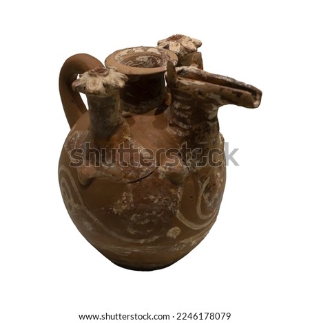 Isolated on white background vessel from which still preserve intact the colours of their complex polychrome decoration