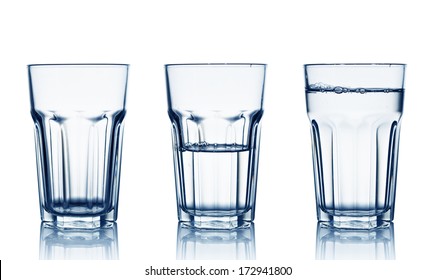 Isolated On White Empty, Half And Full Water Glasses 