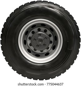 Isolated On White New Rear Truck Wheel On Hub With Black Shine Tire. New Clean Tractor Truck Wheel Tire. Wheel Mud Tire On Rim On Rear Axle. High Resolution Truck Wheel Isolated