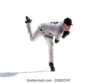 Isolated On White Professional Baseball Player In Action